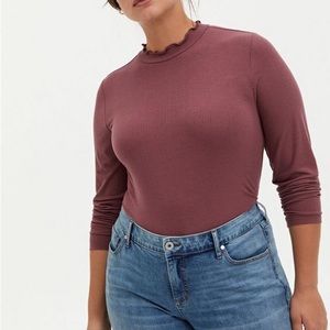 Rose Brown Ribbed Mock Neck Long Sleeve Tee